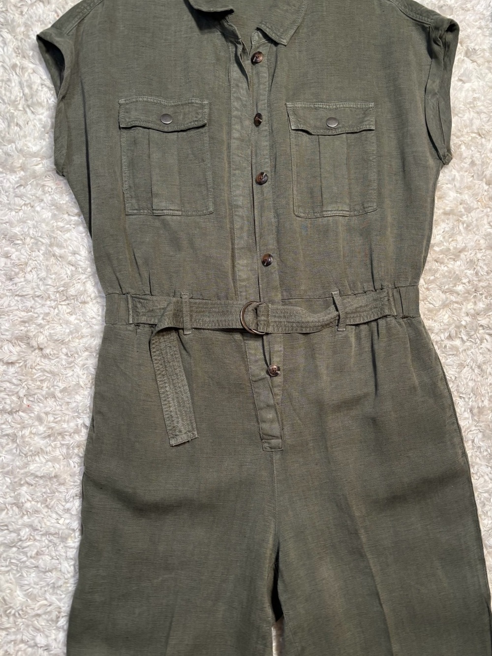 Utility Button-Front Olive Short-Sleeve Jumpsuit with Belt